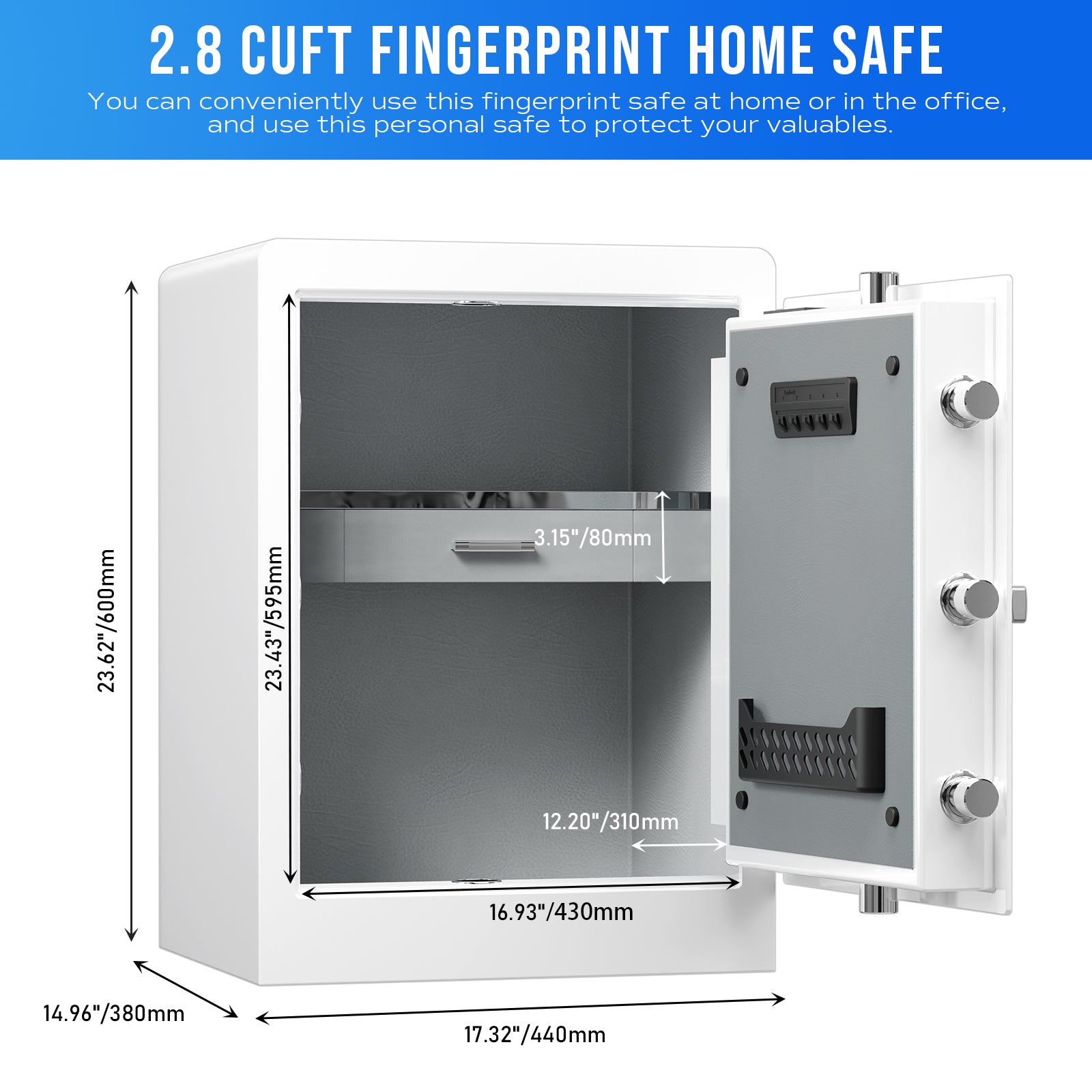 White Fingerprint Home Safe With Touchscreen Keypad, Deluxe