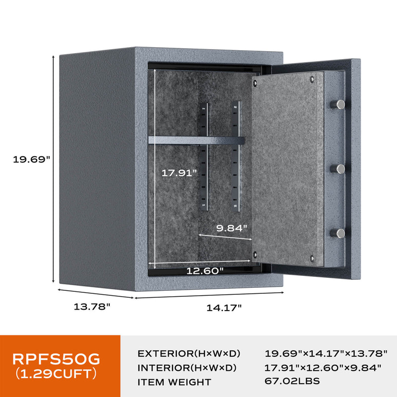 Grey High Capacity Digital Fireproof Safe with Adjustable Shelf for Money & Jewelry, 1.29 Cubic Feet, RPNB RPFS50G