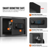 Black biometric digital safe shown open on a white background with feature callouts and text describing heavy-duty construction, emergency power supply, and large live-locking bolts.