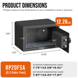 Product dimensions diagram for a black metal security safe, showing exterior and interior measurements, weight of 12.26 lbs, and model RP20FSA on a white background with orange and gray text boxes.
