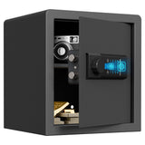 Black safe with digital lock and open door revealing a camera and books inside.