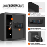 Black biometric digital safe with open door showing keypad and lock, plus four callout feature panels reading Smart Biometric Safe, Heavy-Duty Construction, Emergency Power Supply, and Large live-locking bolts on a white background.