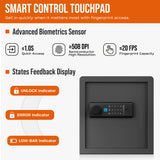 A smart control touchpad for a biometric safe, shown on a white background with orange and black text highlighting features like advanced biometrics, states feedback display, and unlock/error/low-bar indicators. The touchpad is black with a small blue-lit keypad area.