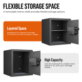 A black metal storage safe shown in two views on a white background, with marketing text highlighting flexible storage space, removable interior shelf, layered space, and high capacity.