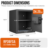 Product dimensions diagram of a black metal safe with interior and exterior measurements, weight label of 24.25 lbs, and model RP36FSA on a white background.