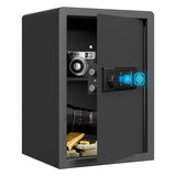 A black safe with its door open, showing a camera, lens, and gold bars inside, with a glowing blue lock screen on the right side.