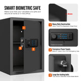 Black smart biometric safe with numbered callouts and feature callouts on a white background, including a digital keypad, emergency power supply port, and live-locking bolts.
