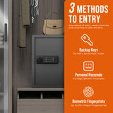 A digital entry safe shown in a closet setting with an orange informational panel on the right explaining three entry methods: backup keys, personal passcode, and biometric fingerprints.