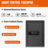 A smart control touchpad for a digital safe, featuring a black electronic keypad and touchpad on a dark gray safe door, with promotional text highlighting biometric sensor, states feedback display, unlock, error, and low-bar indicators.