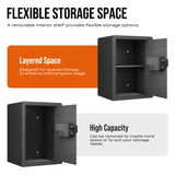 A black metal storage safe shown in two views with open doors, accompanied by marketing text on a white background. The text highlights flexible storage space, a removable interior shelf, layered space, and high capacity.