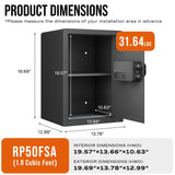 Product dimensions diagram of a black security safe with an open door, showing interior and exterior measurements, weight of 31.64 lbs, and model RP50FSA.
