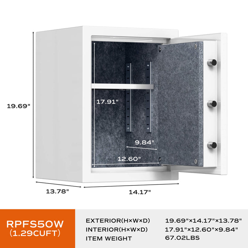 High Capacity White Digital Fireproof Safe with Adjustable Shelf for Money & Jewelry, 1.29 Cubic Feet, RPNB RPFS50W