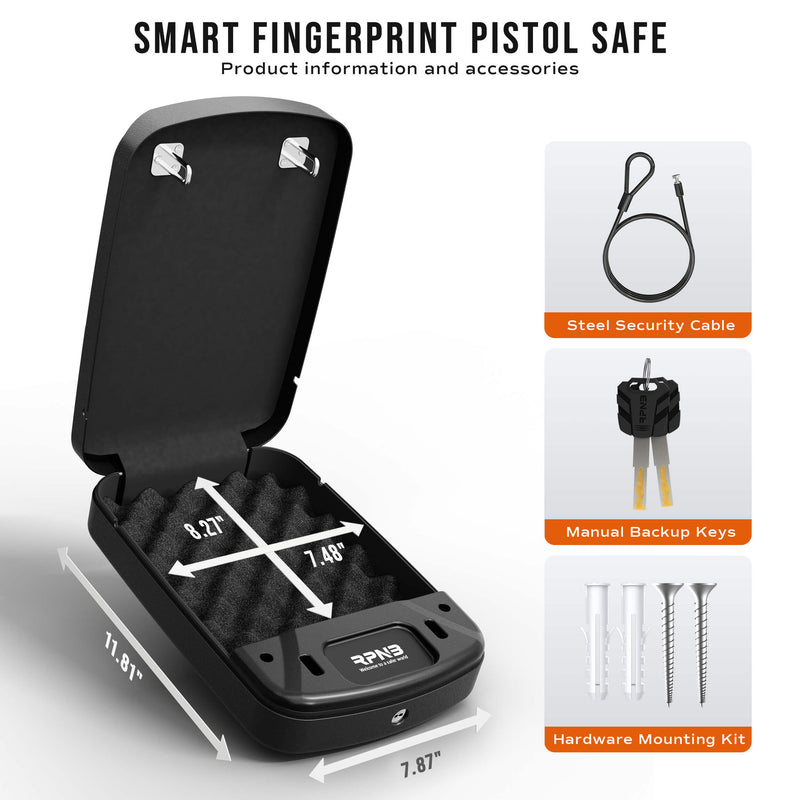 Biometric Gun Safe for Handgun, Pistol Safe for Nightstand with Fingerprint - RPNB RP2008